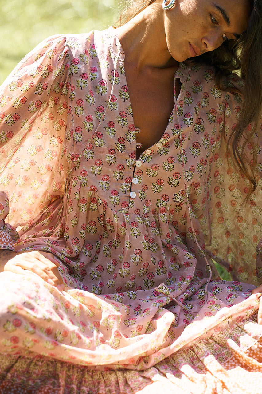 Bhoomi Maxi Dress Sunset — close-up bodice & shell button detail, hand block print cotton | Daughters of India