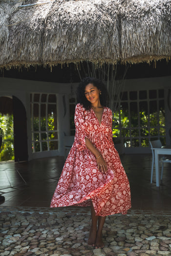 Daughters of India Kyra Midi Dress in Saffron — by thatched tropical hut, hand screen print cotton