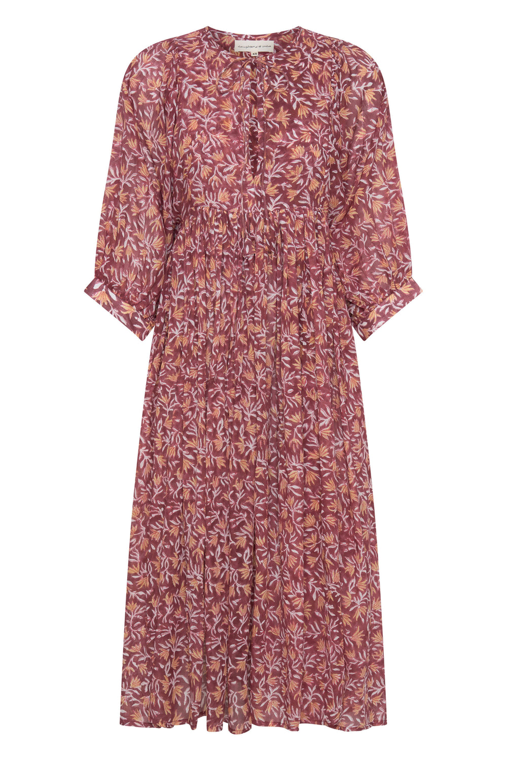 Daughters of India Kyra Midi Dress in Sumac — flat lay showing botanical leaf print, cotton